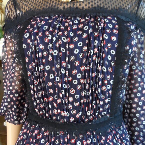 New Diane Von Furstenberg Navy Blue Multi 100% Silk Chiffon Peasant Dress Size 2 - Picture 7 of 16